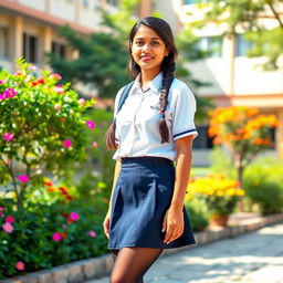 A vibrant scene featuring an Indian teenage girl wearing a traditional school uniform, which includes a crisp white blouse, a knee-length navy blue skirt, and stylish black tight stockings