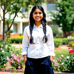 A vibrant scene featuring an Indian teenage girl wearing a traditional school uniform, which includes a crisp white blouse, a knee-length navy blue skirt, and stylish black tight stockings