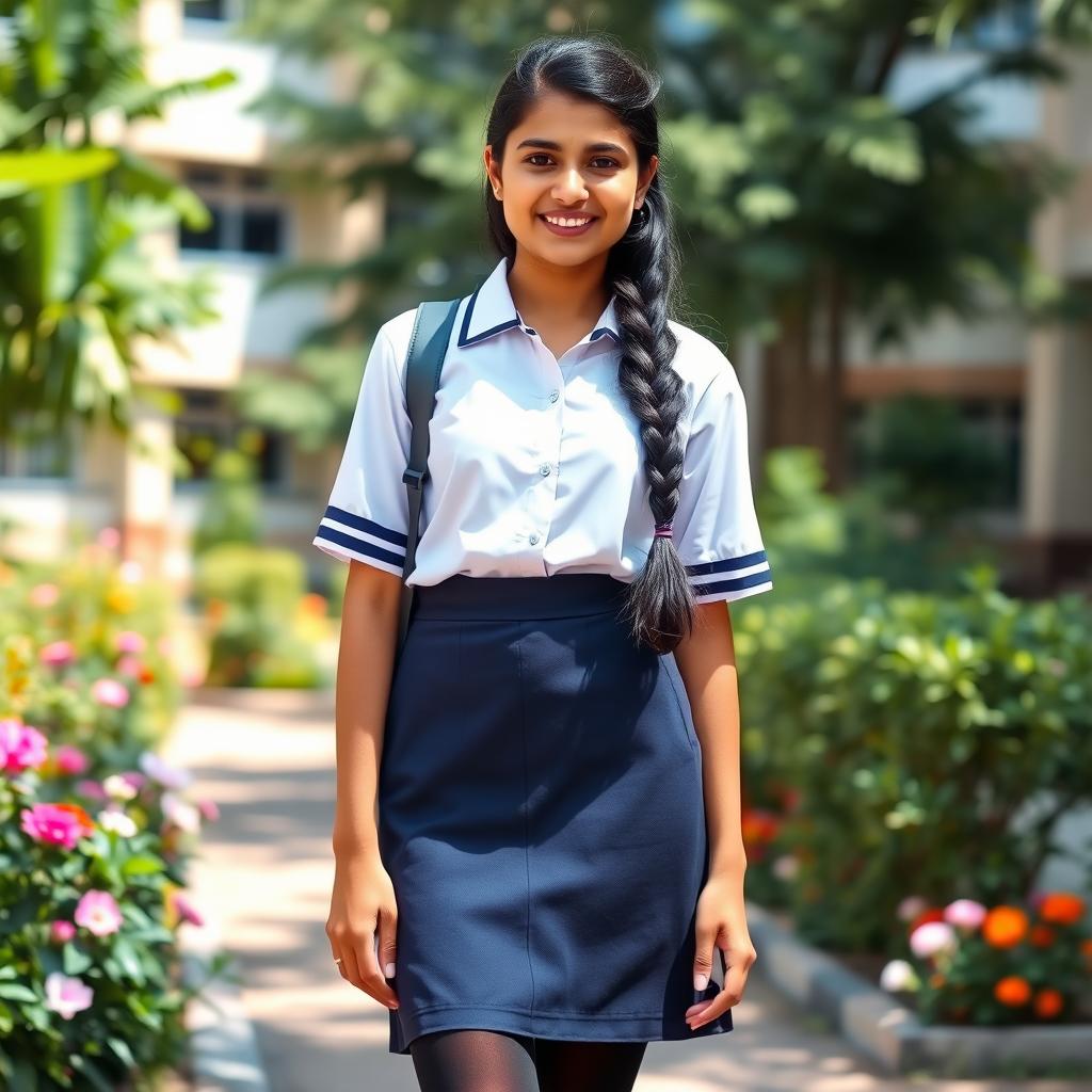 A vibrant scene featuring an Indian teenage girl wearing a traditional school uniform, which includes a crisp white blouse, a knee-length navy blue skirt, and stylish black tight stockings