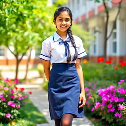 A vibrant scene featuring an Indian teenage girl wearing a traditional school uniform, which includes a crisp white blouse, a knee-length navy blue skirt, and stylish black tight stockings