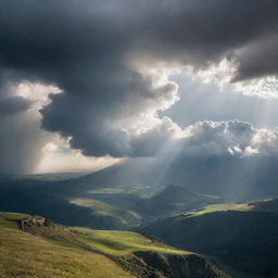 A grand display of divine power. A surreal landscape with shining light breaking through the clouds, casting beautiful shadows over a pristine, breathtaking landscape.