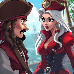 An animated-style depiction of a captivating scene featuring two characters in a dynamic conversation