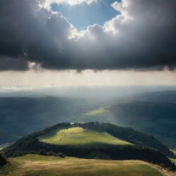 A grand display of divine power. A surreal landscape with shining light breaking through the clouds, casting beautiful shadows over a pristine, breathtaking landscape.