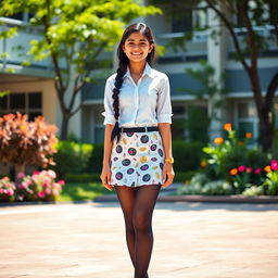 A stylish scene featuring an Indian teenage girl wearing a modern school uniform, which includes a fitted white blouse and a mini skirt with a playful pattern