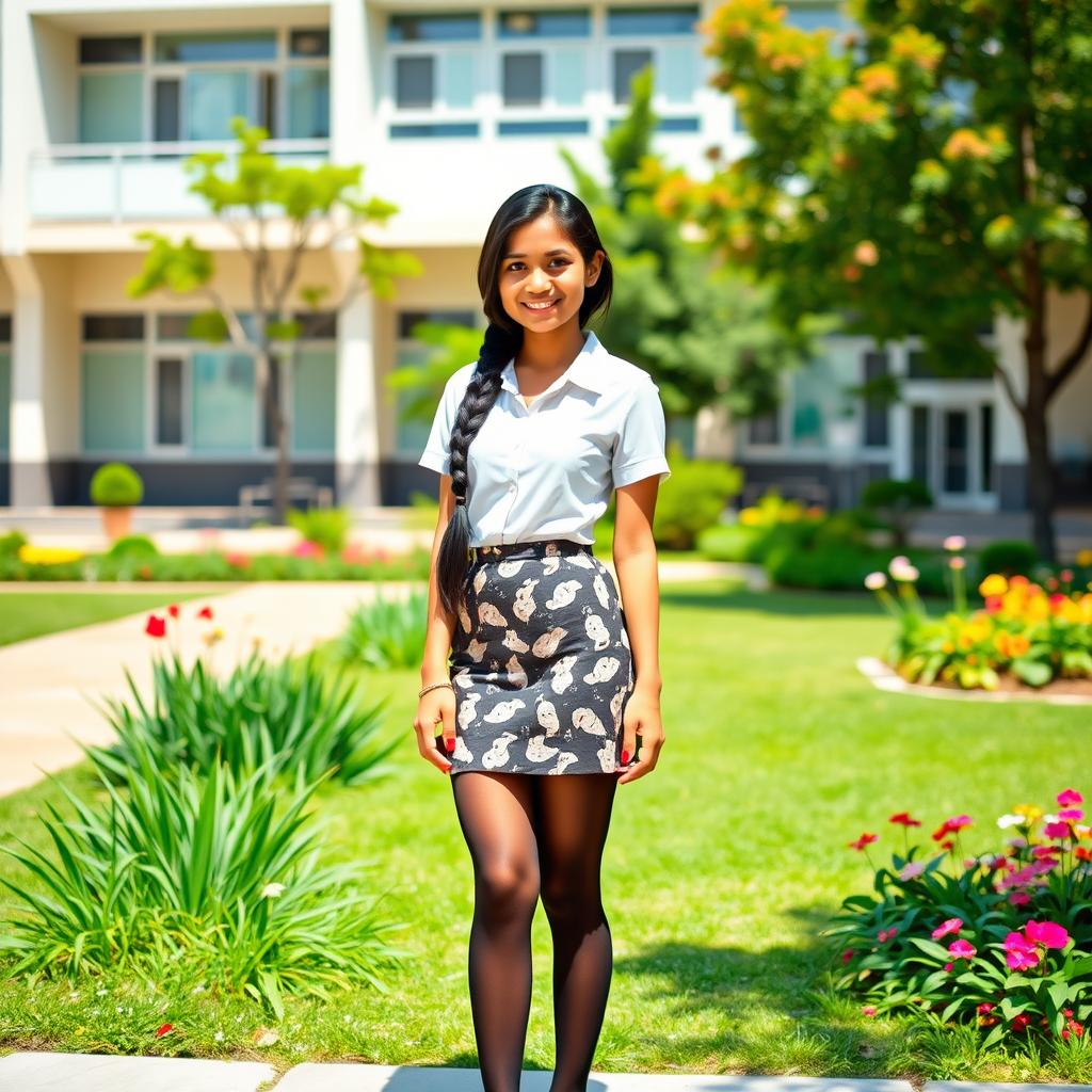 A stylish scene featuring an Indian teenage girl wearing a modern school uniform, which includes a fitted white blouse and a mini skirt with a playful pattern