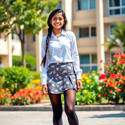 A stylish scene featuring an Indian teenage girl wearing a modern school uniform, which includes a fitted white blouse and a mini skirt with a playful pattern