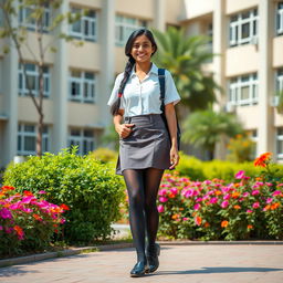 A stylish scene featuring an Indian teenage girl in a modern school uniform that includes a fitted white blouse, a chic mini skirt, and black tight stockings that accentuate her look