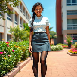 A stylish scene featuring an Indian teenage girl in a modern school uniform that includes a fitted white blouse, a chic mini skirt, and black tight stockings that accentuate her look