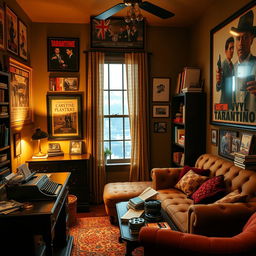 A stylish Tarantino-inspired office, featuring eclectic decor with vintage movie posters on the walls, dark wooden furniture, and a retro typewriter on a desk