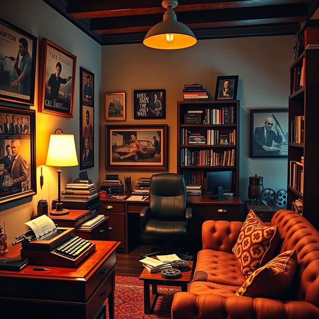 A stylish Tarantino-inspired office, featuring eclectic decor with vintage movie posters on the walls, dark wooden furniture, and a retro typewriter on a desk