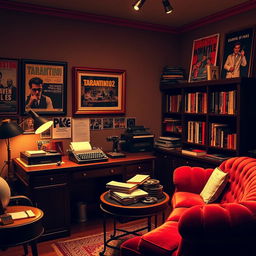 A stylish Tarantino-inspired office, featuring eclectic decor with vintage movie posters on the walls, dark wooden furniture, and a retro typewriter on a desk