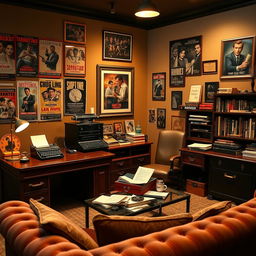 A stylish Tarantino-inspired office, featuring eclectic decor with vintage movie posters on the walls, dark wooden furniture, and a retro typewriter on a desk