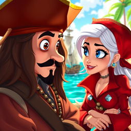 An animated-style depiction capturing a vibrant scene where two characters are engaged in an animated conversation