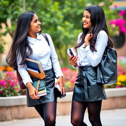 A playful scene featuring two Indian teenage girls in modern school uniforms