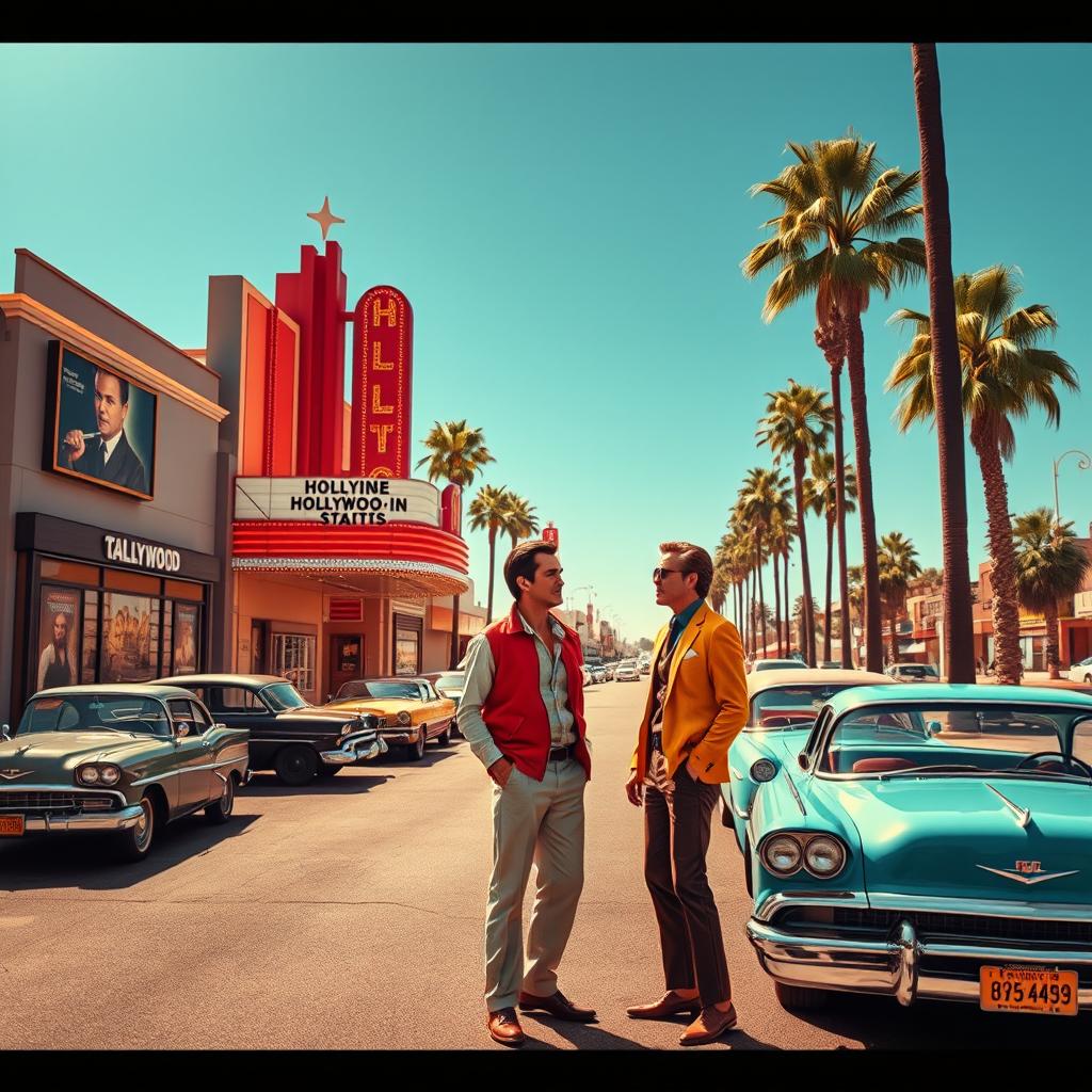 A vibrant scene inspired by Tarantino's 'Once Upon a Time in Hollywood', featuring a classic 1960s Hollywood landscape with vintage cars parked along a sunlit street