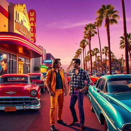 A vibrant scene inspired by Tarantino's 'Once Upon a Time in Hollywood', featuring a classic 1960s Hollywood landscape with vintage cars parked along a sunlit street