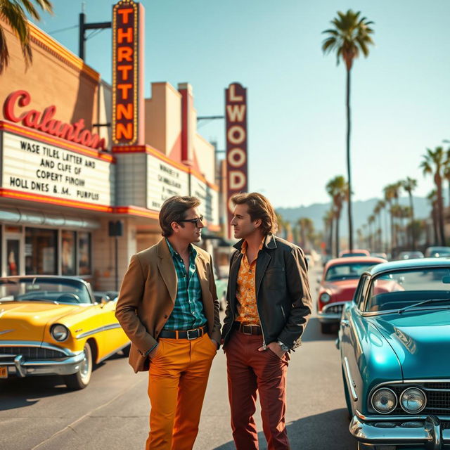 A vibrant scene inspired by Tarantino's 'Once Upon a Time in Hollywood', featuring a classic 1960s Hollywood landscape with vintage cars parked along a sunlit street