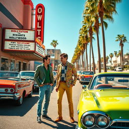 A vibrant scene inspired by Tarantino's 'Once Upon a Time in Hollywood', featuring a classic 1960s Hollywood landscape with vintage cars parked along a sunlit street