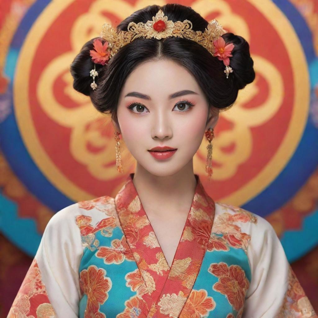 Animated depiction of a beautiful and poised Asian woman, adorned in traditional attire with an intricate hairstyle, posing gracefully against a vibrant anime-style background.