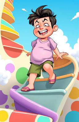 A chubby boy named Alfredo, depicted with an expression of determination and effort, struggling to climb several colorful, cartoonish stairs that spiral in a whimsical manner