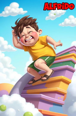 A chubby boy named Alfredo, depicted with an expression of determination and effort, struggling to climb several colorful, cartoonish stairs that spiral in a whimsical manner