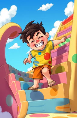 A chubby boy named Alfredo, depicted with an expression of determination and effort, struggling to climb several colorful, cartoonish stairs that spiral in a whimsical manner