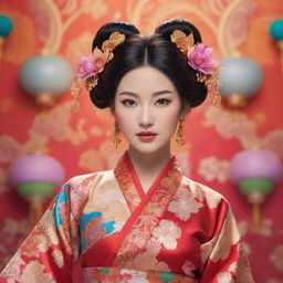 Animated depiction of a beautiful and poised Asian woman, adorned in traditional attire with an intricate hairstyle, posing gracefully against a vibrant anime-style background.