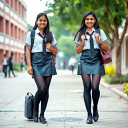 A full-body portrait of two Indian teenage girls in school uniforms, featuring stylish black tight stockings and sleek leather skirts