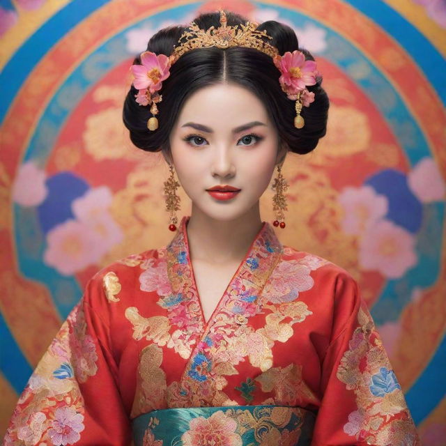 Animated depiction of a beautiful and poised Asian woman, adorned in traditional attire with an intricate hairstyle, posing gracefully against a vibrant anime-style background.