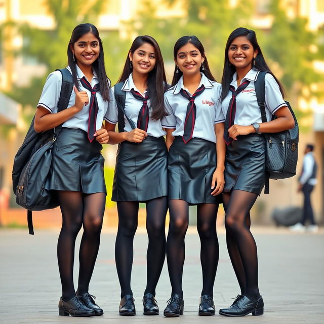 A full-body portrait of two Indian teenage girls in school uniforms, featuring stylish black tight stockings and sleek leather skirts