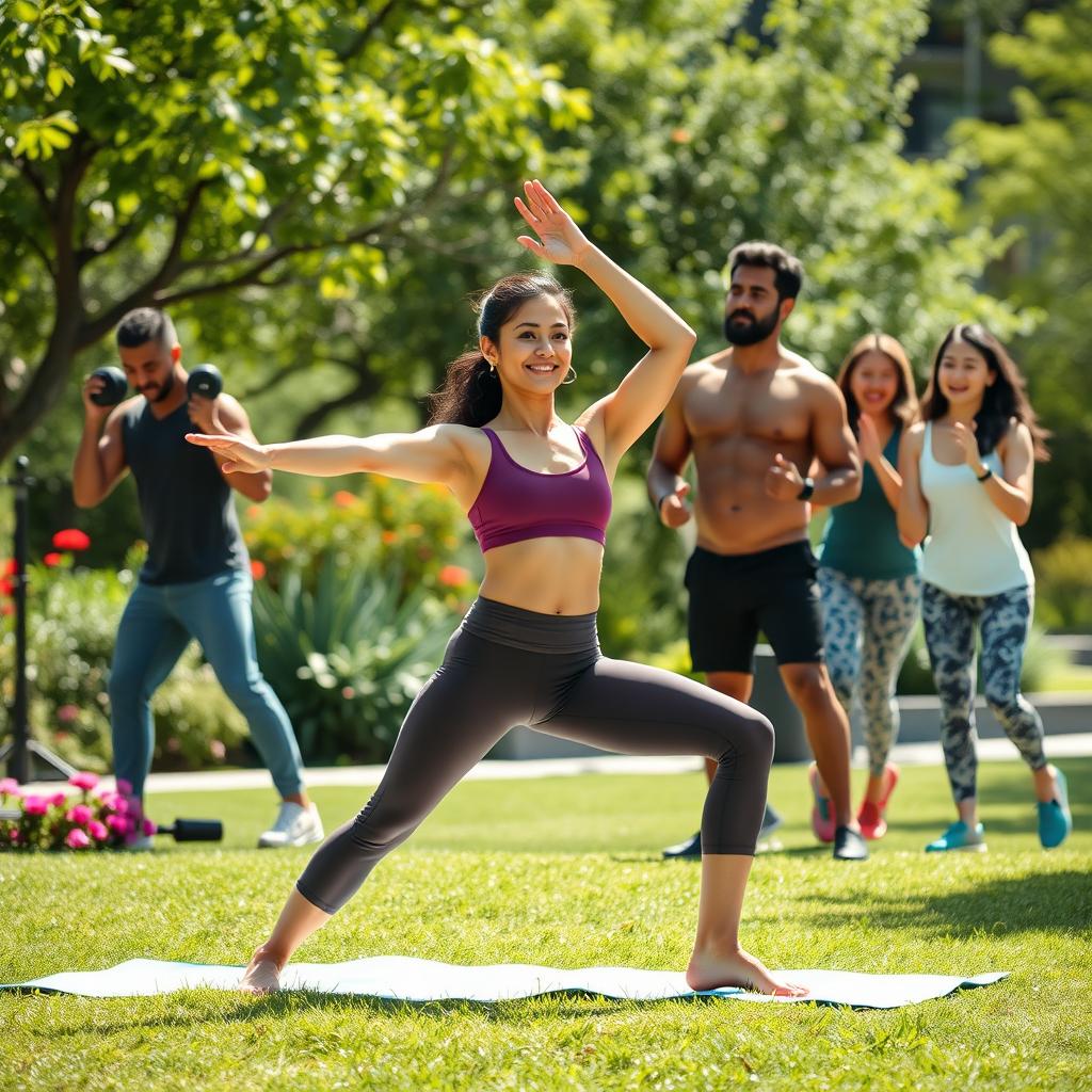 A dynamic fitness scene showcasing a diverse group of people engaged in various workout activities