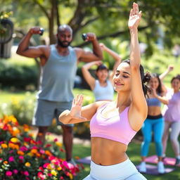 A dynamic fitness scene showcasing a diverse group of people engaged in various workout activities