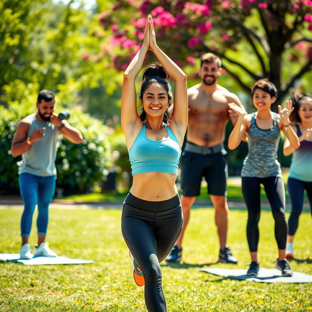 A dynamic fitness scene showcasing a diverse group of people engaged in various workout activities