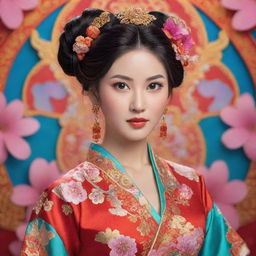 Animated depiction of a beautiful and poised Asian woman, adorned in traditional attire with an intricate hairstyle, posing gracefully against a vibrant anime-style background.