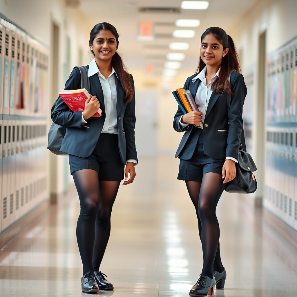 Two Indian teenage girls, around 15 years old, wearing stylish school uniforms that include fitted blazers and crisp white shirts