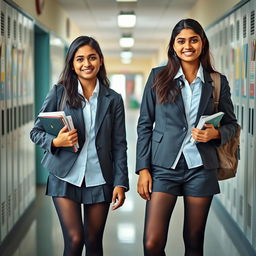 Two Indian teenage girls, around 15 years old, wearing stylish school uniforms that include fitted blazers and crisp white shirts