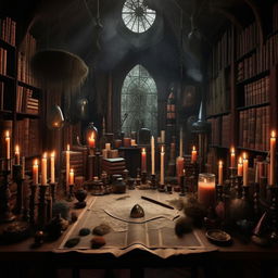 A gothic style witchcraft room filled with ancient books, mystical artifacts, flickering candles and crystal balls, herbs drying from the ceiling, and a large wooden table covered in maps and spell scrolls.