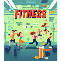 A vibrant and energetic ebook cover design focused on fitness, featuring dynamic characters engaged in various forms of exercise such as weightlifting, running, and yoga