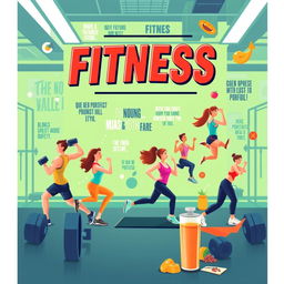 A vibrant and energetic ebook cover design focused on fitness, featuring dynamic characters engaged in various forms of exercise such as weightlifting, running, and yoga