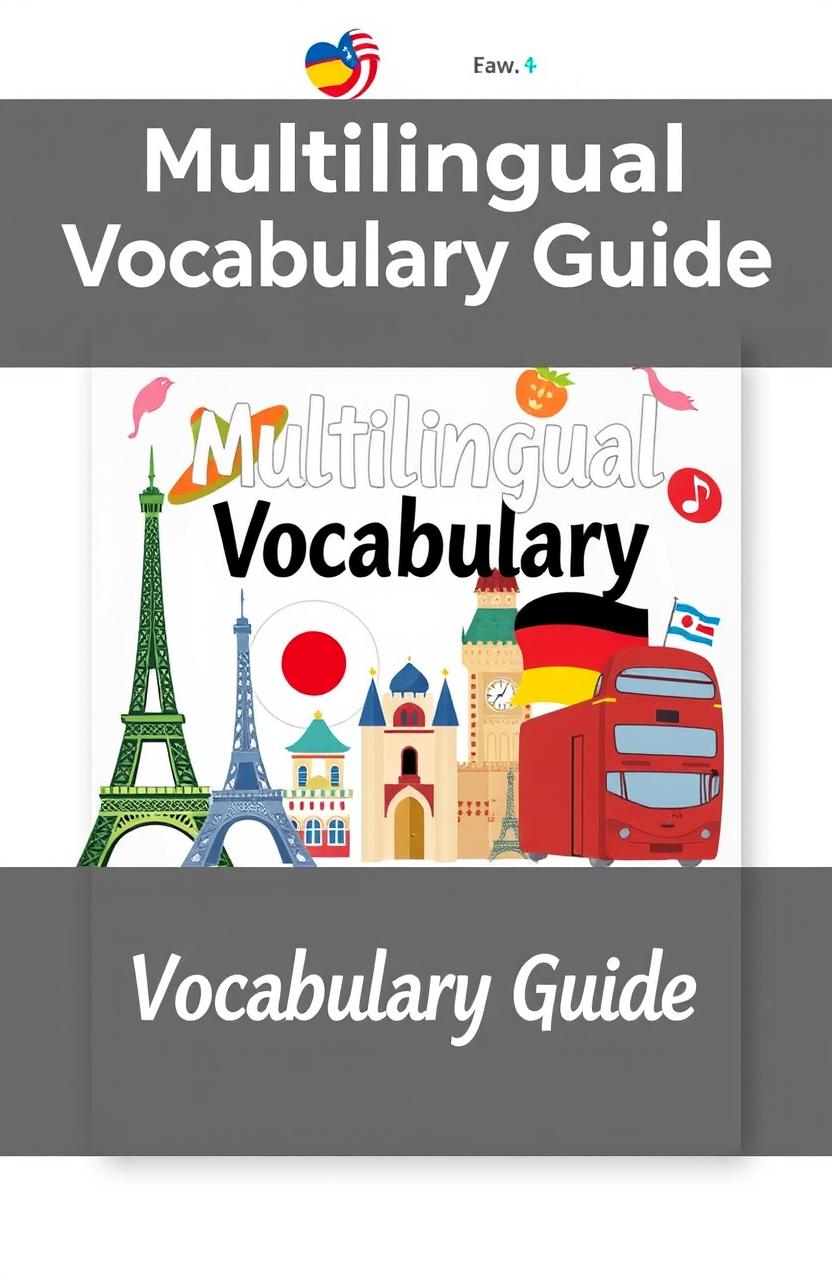 An illustrated ebook cover design featuring a blend of vocabulary elements from English, Spanish, French, Korean, and German languages