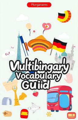 An illustrated ebook cover design featuring a blend of vocabulary elements from English, Spanish, French, Korean, and German languages