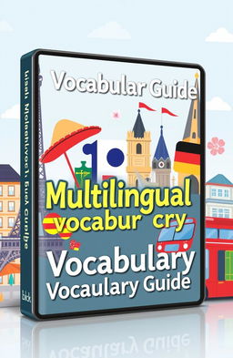 An illustrated ebook cover design featuring a blend of vocabulary elements from English, Spanish, French, Korean, and German languages