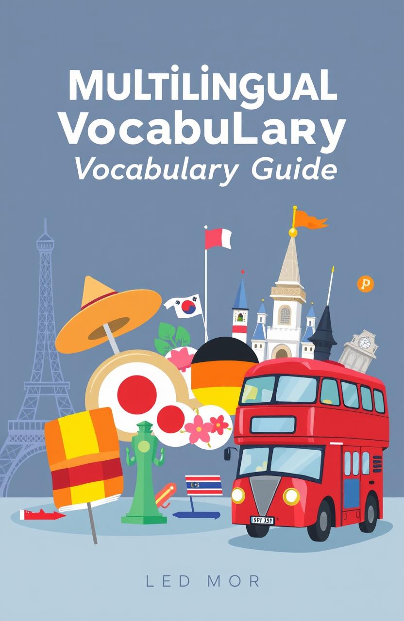 An illustrated ebook cover design featuring a blend of vocabulary elements from English, Spanish, French, Korean, and German languages