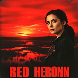 A realistic movie poster titled 'Red Heron', depicting two detectives standing over a dark marsh or lake under a crimson sky at dusk