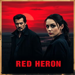 A realistic movie poster titled 'Red Heron', depicting two detectives standing over a dark marsh or lake under a crimson sky at dusk