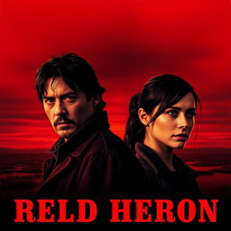 A realistic movie poster titled 'Red Heron', depicting two detectives standing over a dark marsh or lake under a crimson sky at dusk