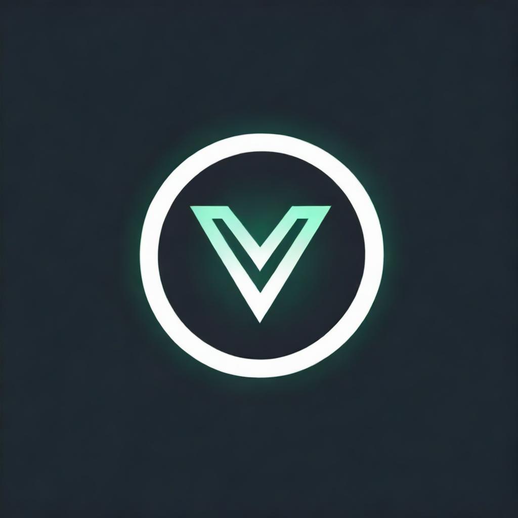 Create a pronounced gaming logo displaying a luminous green 'V' inside a circle, standing out against a stark black backdrop.