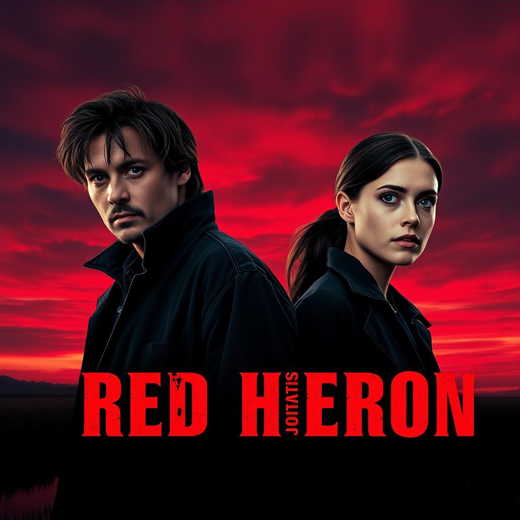 A realistic movie poster titled 'Red Heron', featuring two detectives standing over a dark marsh or lake beneath a dramatic crimson sky at dusk