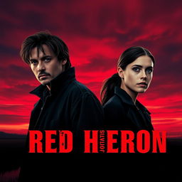 A realistic movie poster titled 'Red Heron', featuring two detectives standing over a dark marsh or lake beneath a dramatic crimson sky at dusk