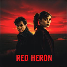 A realistic movie poster titled 'Red Heron', featuring two detectives standing over a dark marsh or lake beneath a dramatic crimson sky at dusk